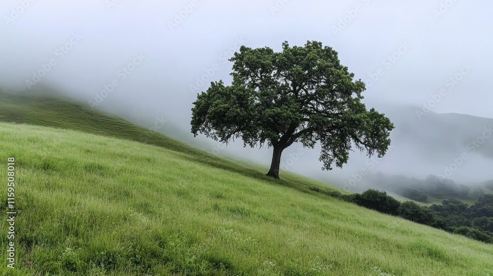 Lone tree stands majestically on a foggy hill amidst a serene landscape Lone tree stands majestically on a foggy hill amidst a serene landscape