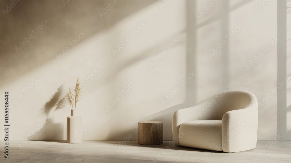 Obraz premium Elegant minimalist lounge area with minimal decor. Featuring clean lines and a relaxed ambiance