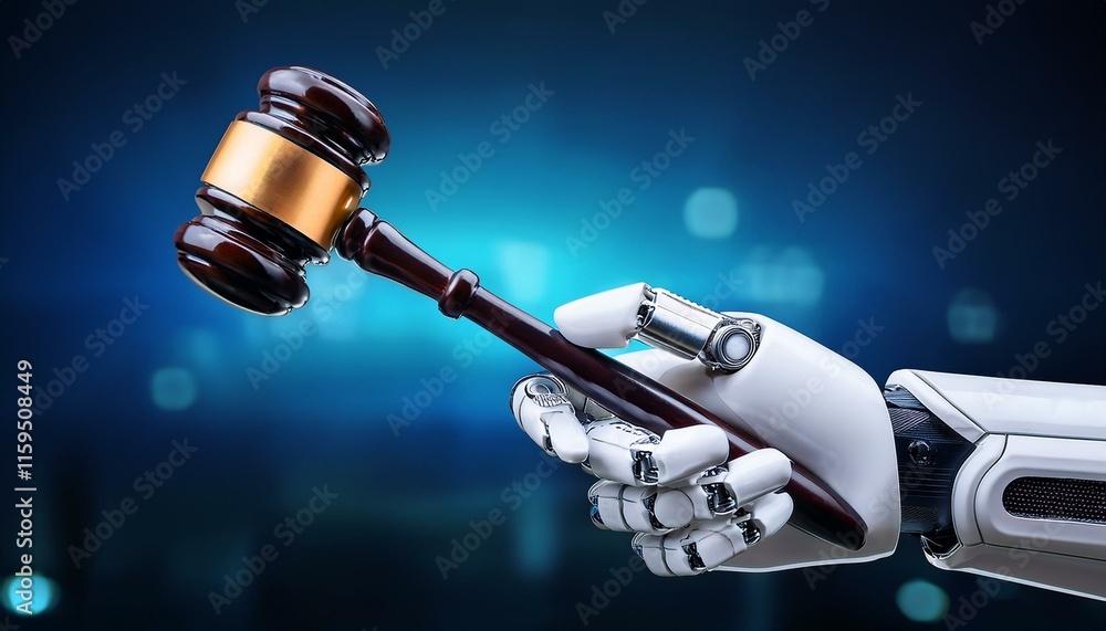 Obraz premium Robot Hand Holding Gavel: A robotic hand, sleek and futuristic, wields a traditional wooden gavel against a backdrop of blue light, symbolizing the intersection of technology and law. 