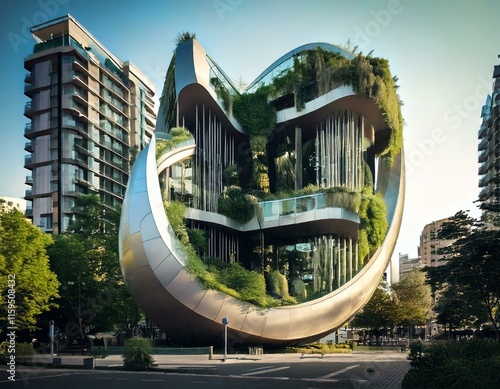 A futuristic residence in the shape of a harp and with various plants hanging from the balconies, in the city center photo