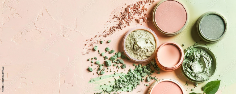Soft pink, coral, and mint green makeup with abstract patterns and green foliage.