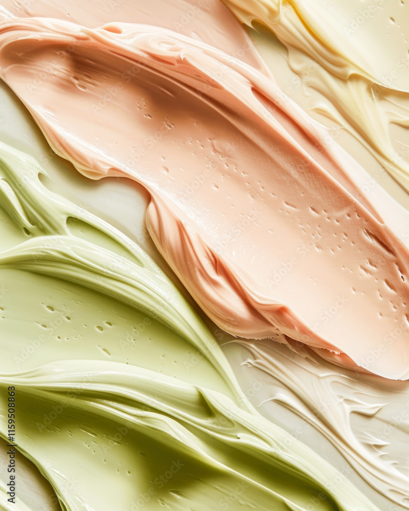 Soft makeup tones in coral, mint green, and pink with creamy, liquid textures.