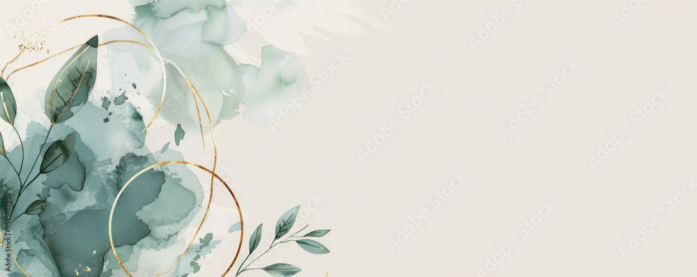 Abstract pastel design with soft white, green, gold, and brown tones, natural leaves.