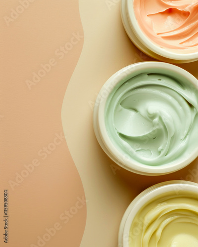 Mint green, coral, and pink pastel makeup art with leaves, creating a natural look.