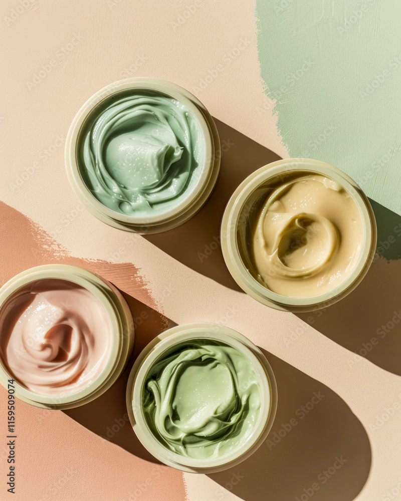 Soft pastel coral, mint green, and pink makeup design with natural green leaf accents.