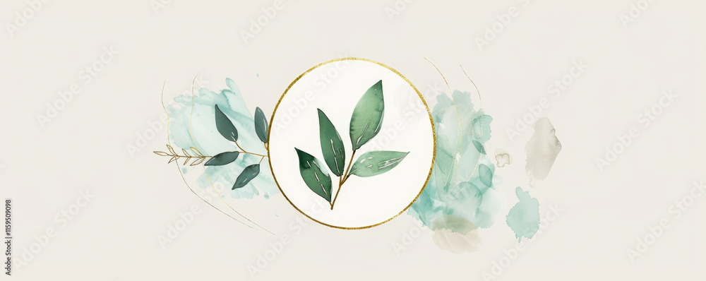 Subtle pastel shades of green, gold, and brown with leaves and circular designs.