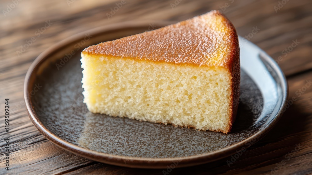 Delicious slice of yellow cake served on a rustic wooden table in a cozy setting Delicious slice of yellow cake served on a rustic wooden table in a cozy setting