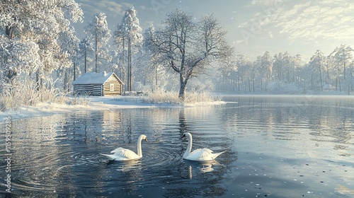 Fototapeta Naklejka Na Ścianę i Meble -    Two swans swim in a lake before a rustic log cabin amidst a snowy forest and a distant cabin