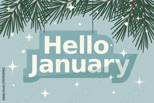 hello january banner and snowflakes, fir tree branches and stars- vector illustration