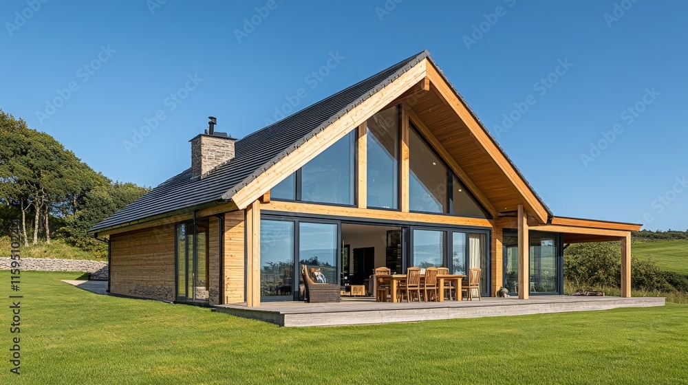 Obraz premium Modern wooden chalet with large windows overlooking green fields