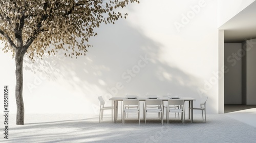 Elegant minimalist outdoor dining space with minimal decor. Featuring a clean, open design with sleek lines