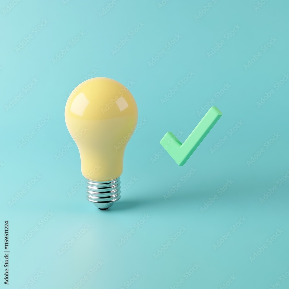 Yellow lightbulb with green checkmark on blue background. Yellow lightbulb with green checkmark on blue background.