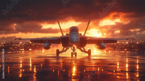 Military Hornets ready for takeoff at sunset on an airbase with vibrant colors in the sky photo