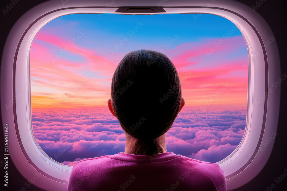traveler gazes out airplane window, admiring colorful sunset over clouds traveler gazes out airplane window, admiring colorful sunset over clouds