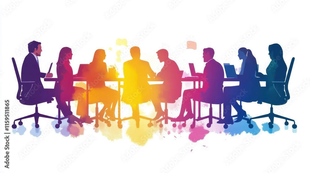 Diverse team collaborating around a conference table in a modern office setting