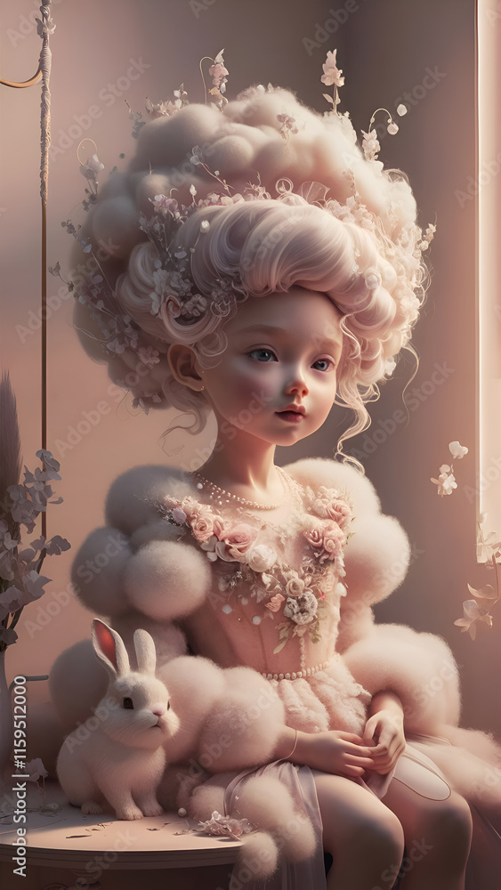 The cutest doll with a high hairstyle in a fashionable dress of dust color and pink fluffy with a pink bunny. Digital work of art. Generated by artificial intelligence