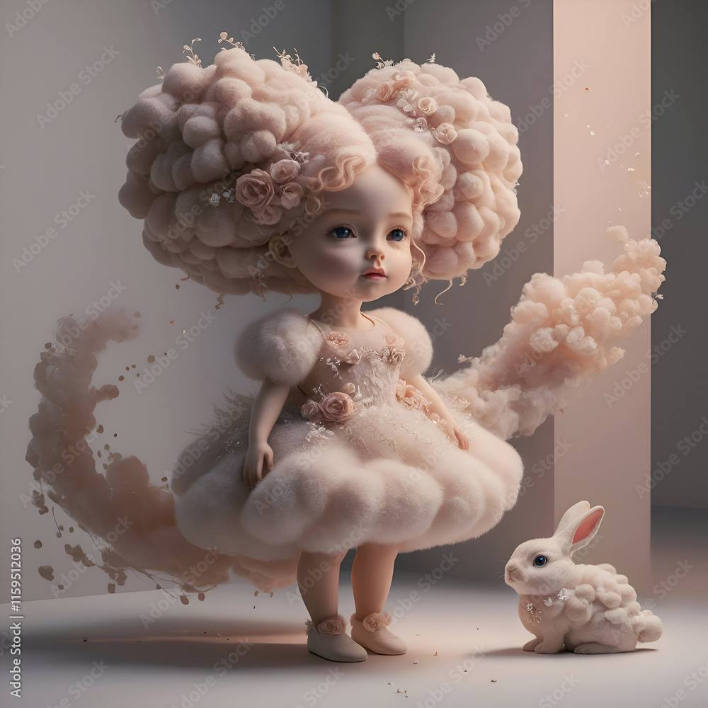 cutest baby-doll in dust pink fluffy fashionable dress with pink rabbit. Digital artwork. Ai generated