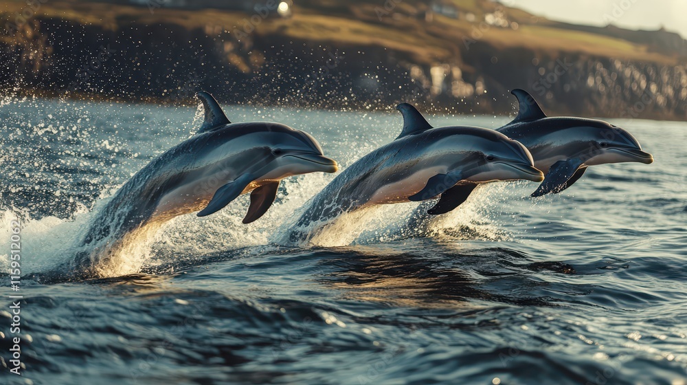 Obraz premium Dolphins leap joyfully from the sea against a scenic coastal backdrop