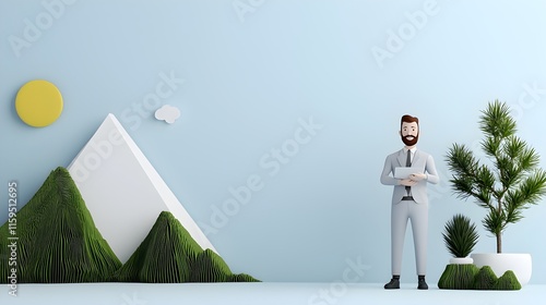 A modern professional man stands in a minimalist landscape holding a tablet. The scene features mountains, trees, clouds, and a sun, symbolizing creativity and growth.