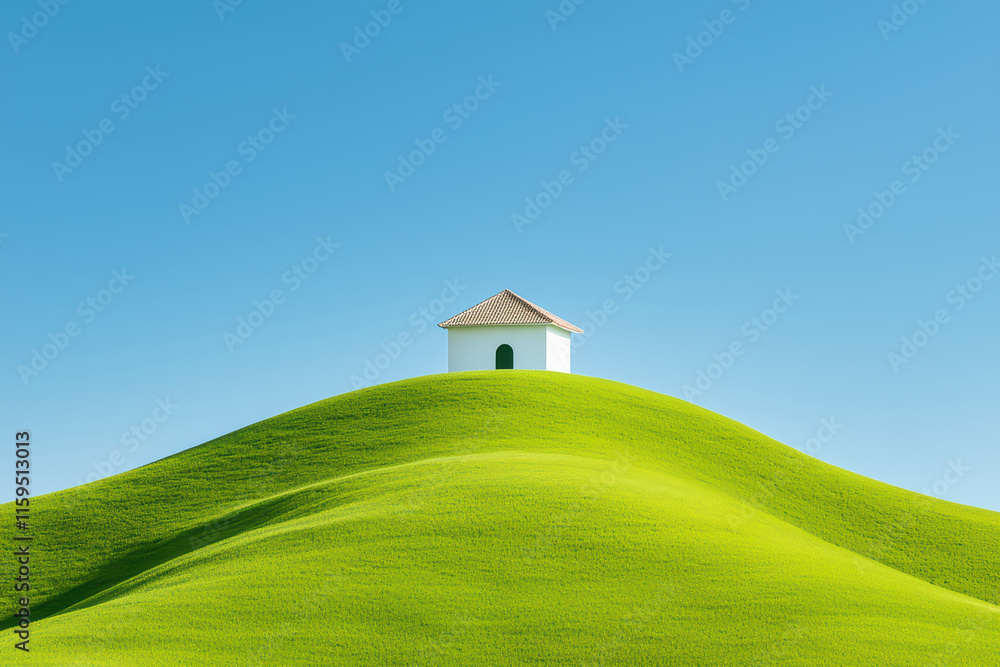 Fototapeta premium serene landscape featuring small white house atop lush green hills under clear blue sky