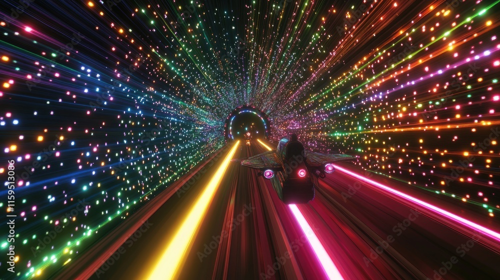 Fototapeta premium Spaceship Flying Through A Colorful Neon Tunnel