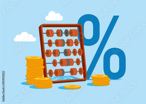 Abacus for calculations with coins. Budget management concept. Financial calculation of money. Tax time. Modern vector illustration in flat style