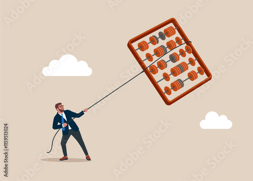 Businessman catch hold and pulling Abacus for calculations equipment shopping sale. Budget allocation, expense and debt pay off or payment. Flat vector illustration