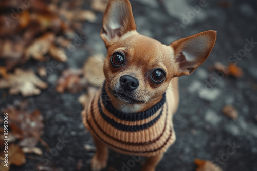 Cute chihuahua dog wearing sweater sitting on autumn leaves