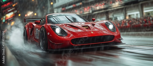 Red sports car speeding through rain-soaked city streets.
