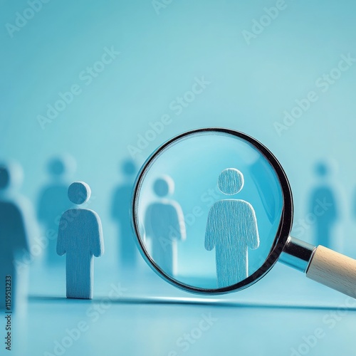 Magnifying glass focusing on a single person among a group. (1) photo