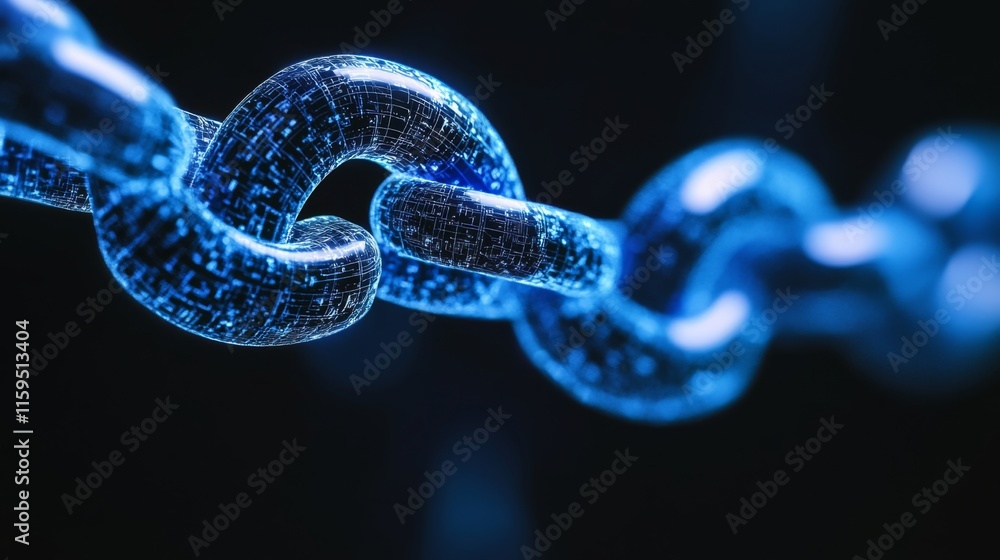 Conceptual Representation of a Digital Chain Link With Glowing Data Elements, Symbolizing Connectivity, Security, and Blockchain Technology in Modern Communications Conceptual Representation of a Digital Chain Link With Glowing Data Elements, Symbolizing Connectivity, Security, and Blockchain Technology in Modern Communications