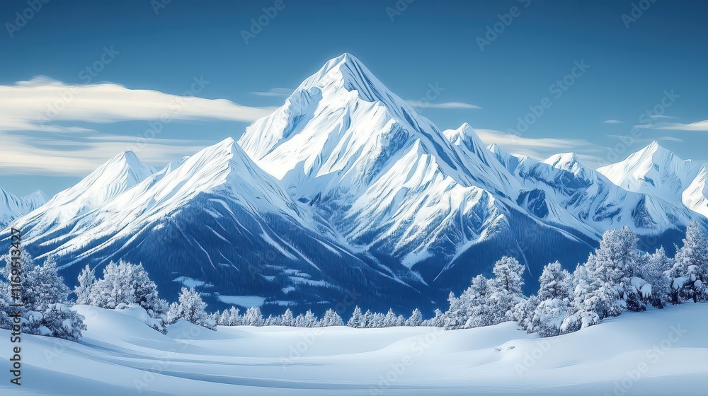 Snow-capped mountain range under clear blue sky showcasing winter beauty Snow-capped mountain range under clear blue sky showcasing winter beauty