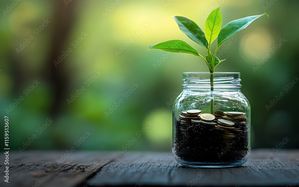 A small plant growing from a glass jar filled with coins, representing financial growth and sustainability. A small plant growing from a glass jar filled with coins, representing financial growth and sustainability.