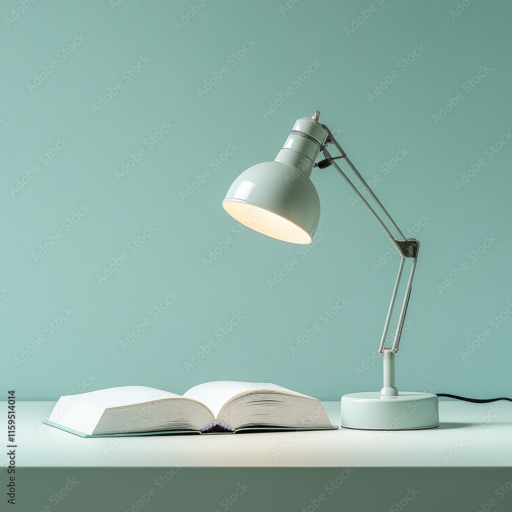 Mint green desk lamp illuminates open book. Mint green desk lamp illuminates open book.