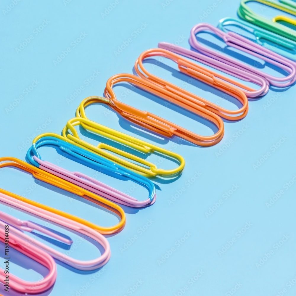 Colorful paperclips arranged in a row on a blue background. Colorful paperclips arranged in a row on a blue background.