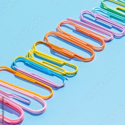 Colorful paperclips arranged in a row on a blue background. photo