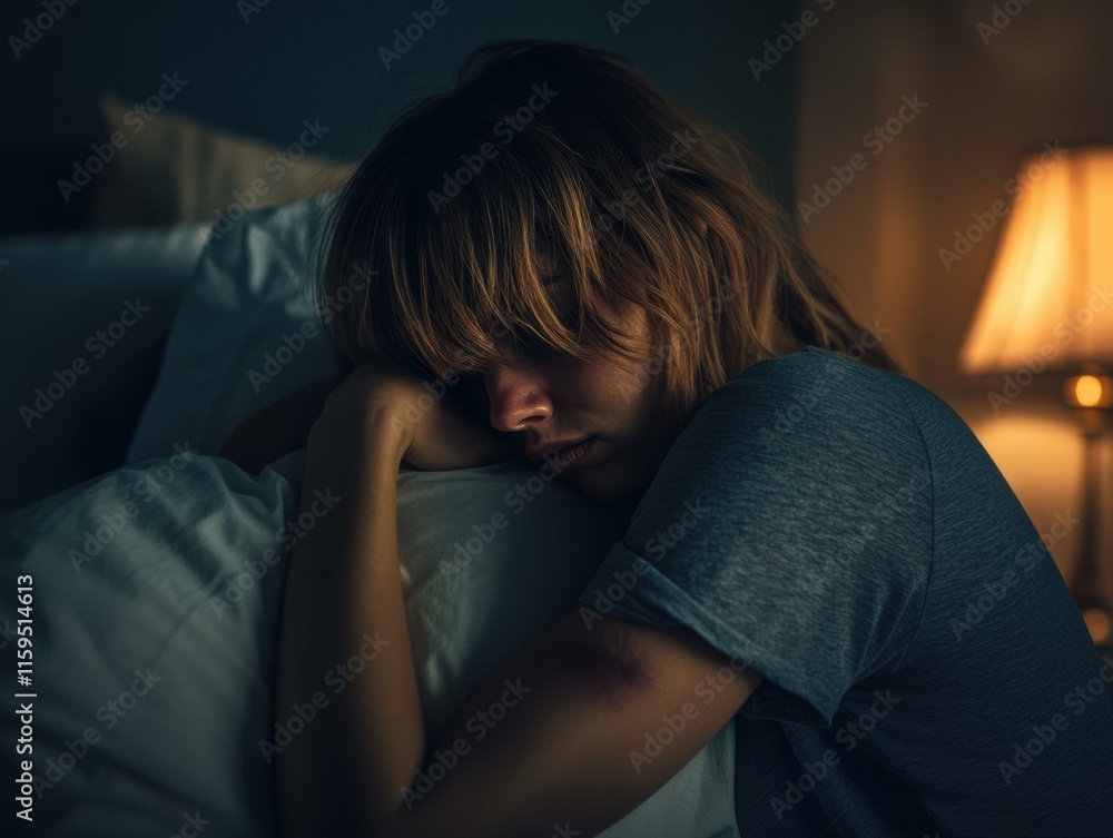 Fototapeta premium Sad woman sleeping in bed. AI.