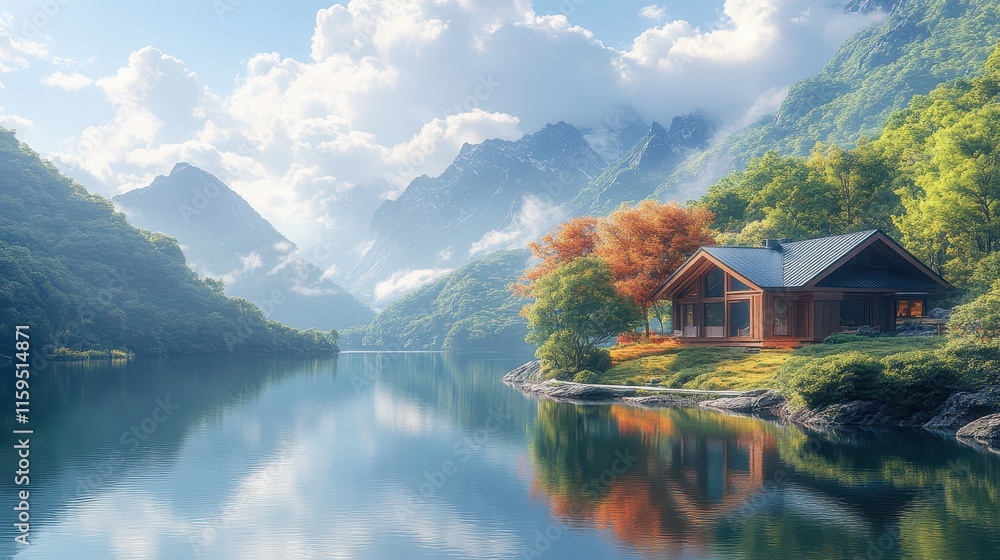 Fototapeta premium Serene lakeside reflections show mirror-like water with lush mountains and a cozy cabin