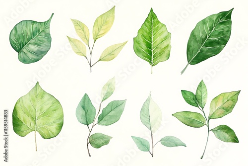 Green Leaf Collection: Artistic Watercolor and Detailed Digital Illustrations Featuring Clovers, Tropical Leaves, Falling Foliage, and Textured Dry Leaves - Perfect for Nature-Themed Designs and Decor