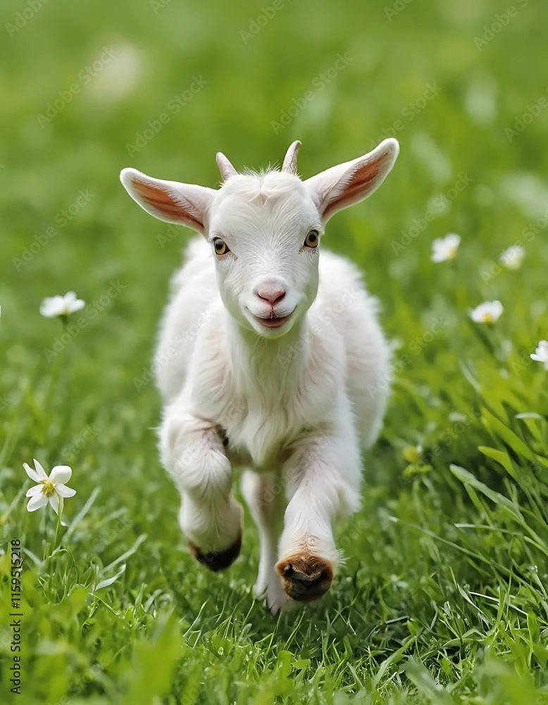Adorable White Goat Kid Running Through Green Grass Adorable White Goat Kid Running Through Green Grass