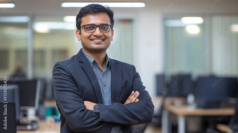 Fototapeta premium Smiling Indian Businessman Standing With His Arms crossed in an office setting