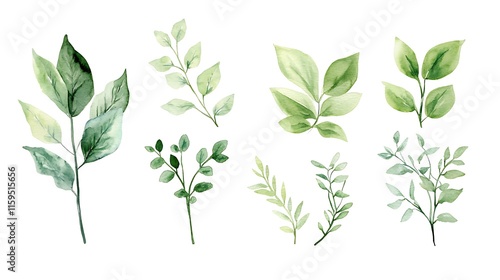 Green Leaf Collection: Artistic Watercolor and Detailed Digital Illustrations Featuring Clovers, Tropical Leaves, Falling Foliage, and Textured Dry Leaves - Perfect for Nature-Themed Designs and Decor