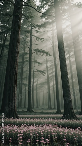 Canvastavla Foggy Forest Sunbeams, Pink Flowers, Tall Trees, Nature, Landscape
