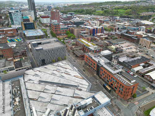 Aerial View of Historical Sheffield City Centre at English county of South Yorkshire, England, United Kingdom. High Angle Footage Was Captured with Drone's Camera During Sunset on April 29th, 2024 photo