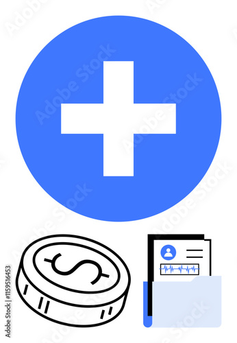 Medical cross, coin with dollar sign, folder with patient medical records. Ideal for healthcare, finance, insurance, medical billing, patient care cost efficiency health data. Line metaphor