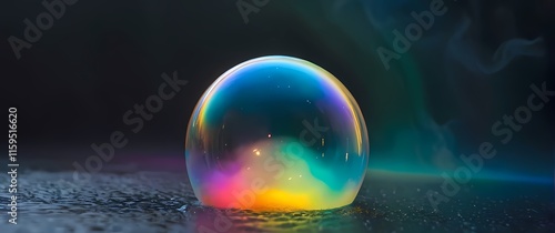 Close up of a rainbow colored soap bubble reflecting the surrounding environment