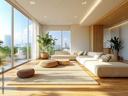 Modern minimalist living room with city view.