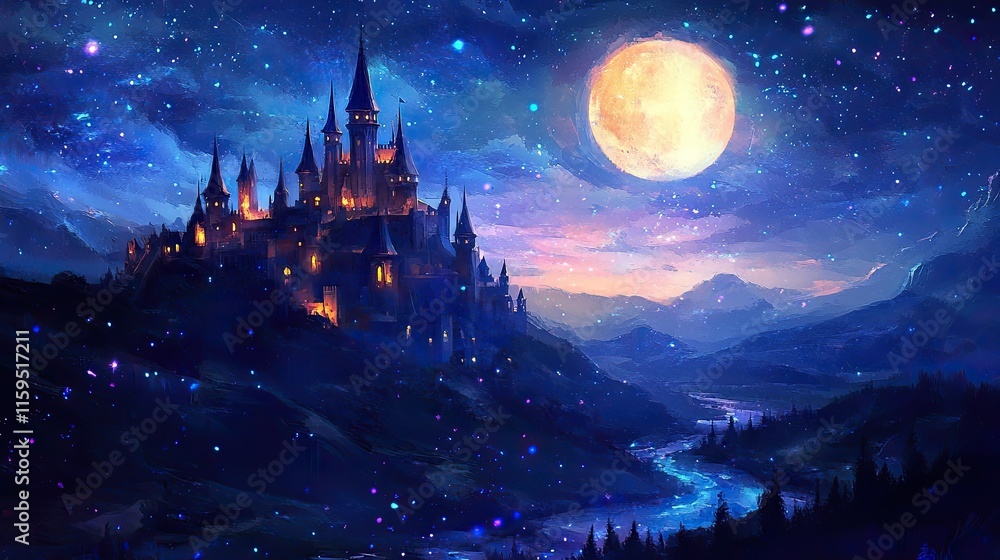 Naklejka premium Majestic Castle Underneath a Night Sky and Full Moon
