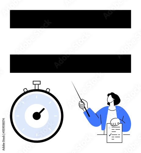 Two black horizontal bars, a stopwatch with a black indicator, and a person in a blue jacket holding a pointer and paper. Ideal for concepts of equality, time management, teaching, performance