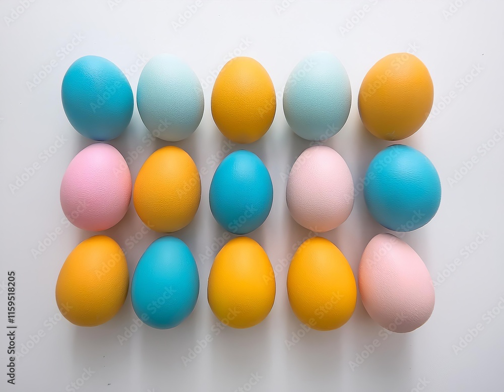 Row of eggs in various colors including blue, yellow, and pink. The eggs are arranged in a line Row of eggs in various colors including blue, yellow, and pink. The eggs are arranged in a line
